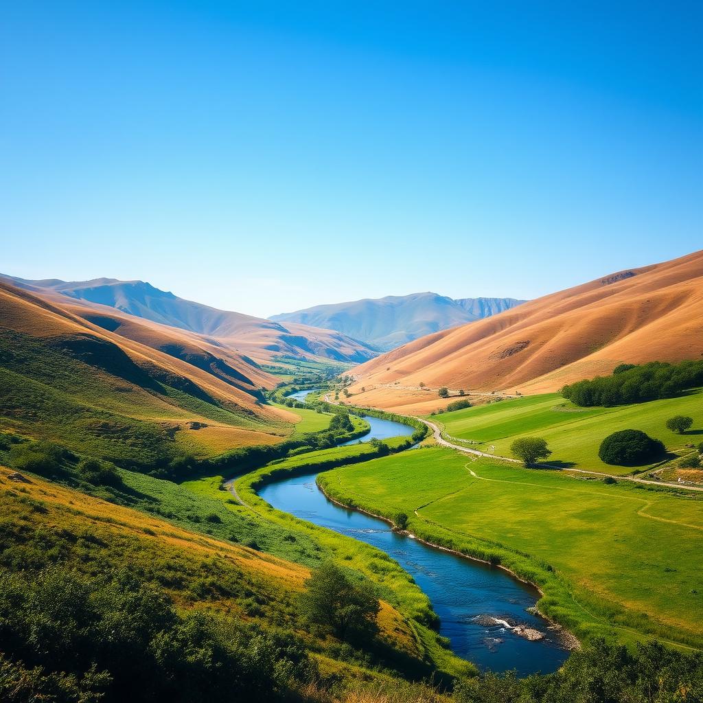 A serene landscape featuring rolling hills, a clear blue sky, and a calm river flowing through a lush green valley