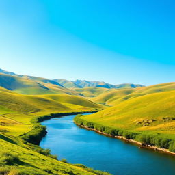 A serene landscape featuring rolling hills, a clear blue sky, and a calm river flowing through a lush green valley