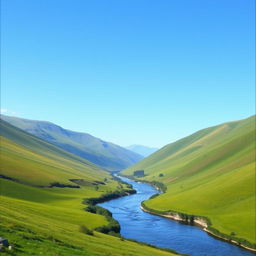 A serene landscape featuring rolling hills, a clear blue sky, and a calm river flowing through a lush green valley