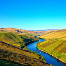 A serene landscape featuring rolling hills, a clear blue sky, and a calm river flowing through a lush green valley