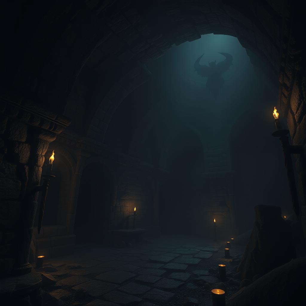 A dark, eerie dungeon with dim lighting, stone walls, and flickering torches