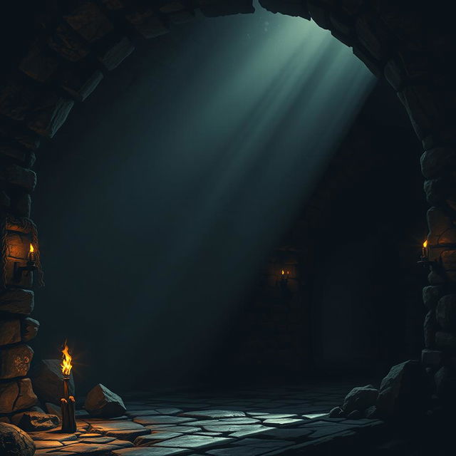 A dark, eerie dungeon with dim lighting, stone walls, and flickering torches