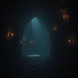 A dark, eerie dungeon with dim lighting, stone walls, and flickering torches