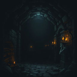 A dark, eerie dungeon with dim lighting, stone walls, and flickering torches