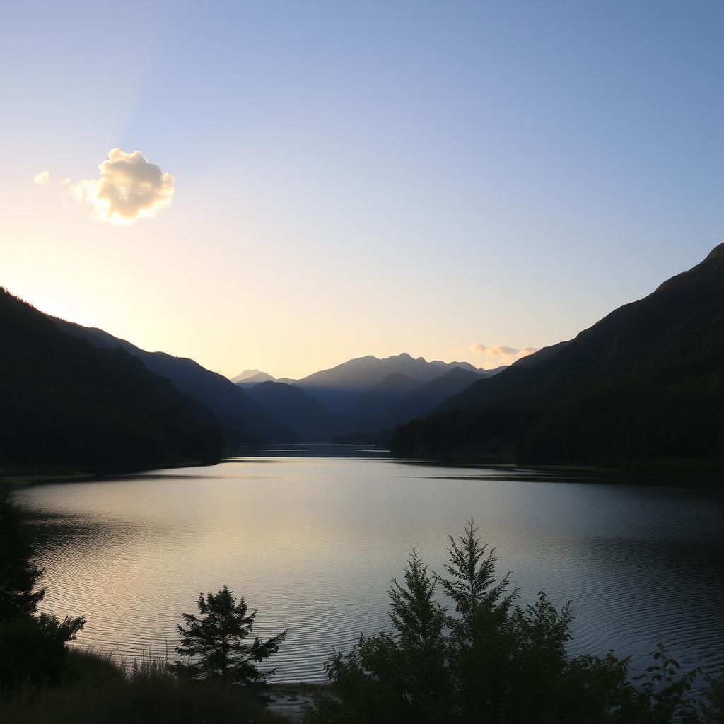 A beautiful landscape featuring a serene lake surrounded by lush green trees and mountains in the background