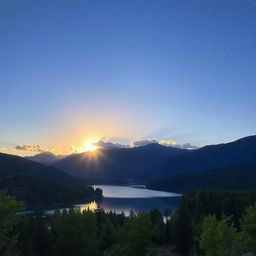 A beautiful landscape featuring a serene lake surrounded by lush green trees and mountains in the background