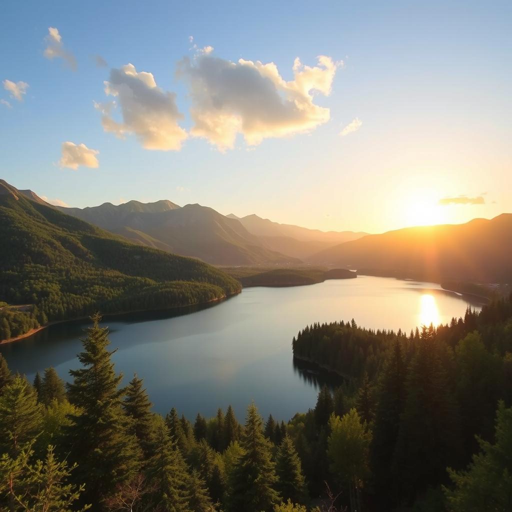 A beautiful landscape featuring a serene lake surrounded by lush green trees and mountains in the background