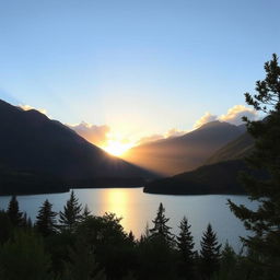 A beautiful landscape featuring a serene lake surrounded by lush green trees and mountains in the background