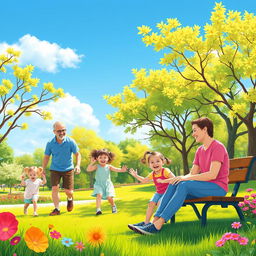 Generate a vibrant and colorful image featuring a happy family enjoying a sunny day at the park, with kids playing and parents relaxing