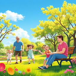 Generate a vibrant and colorful image featuring a happy family enjoying a sunny day at the park, with kids playing and parents relaxing