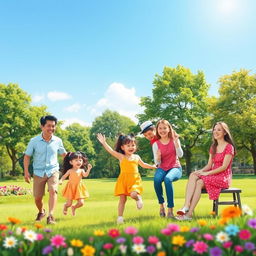 Generate a vibrant and colorful image featuring a happy family enjoying a sunny day at the park, with kids playing and parents relaxing