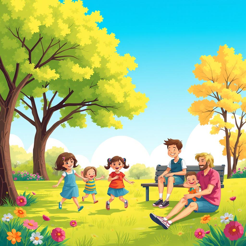 Generate a vibrant and colorful image featuring a happy family enjoying a sunny day at the park, with kids playing and parents relaxing