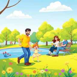 Generate a vibrant and colorful image featuring a happy family enjoying a sunny day at the park, with kids playing and parents relaxing