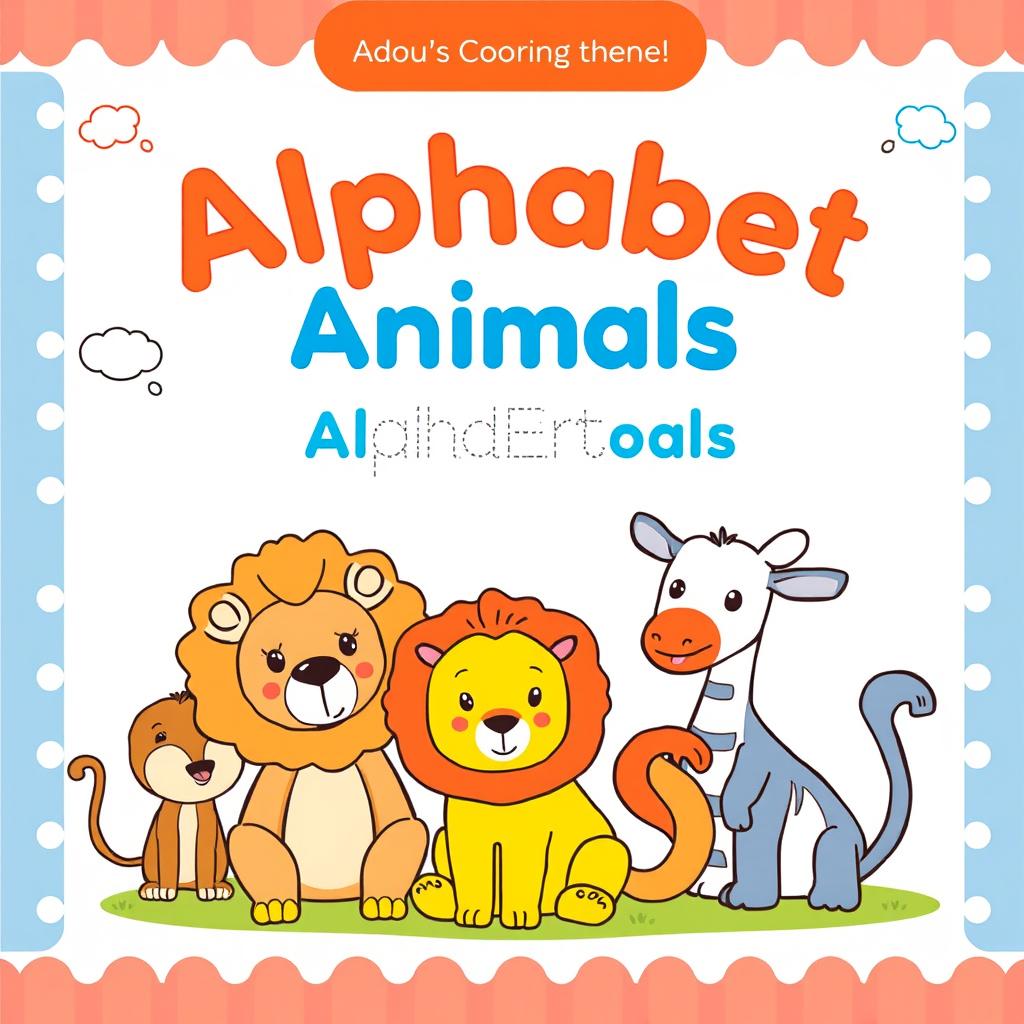 Create a children's coloring book cover with the theme 'Alphabet Animals - Tracing Book'