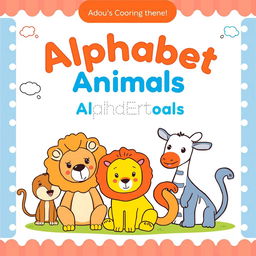 Create a children's coloring book cover with the theme 'Alphabet Animals - Tracing Book'