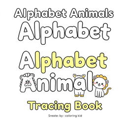 Create a children's coloring book cover with the theme 'Alphabet Animals - Tracing Book'