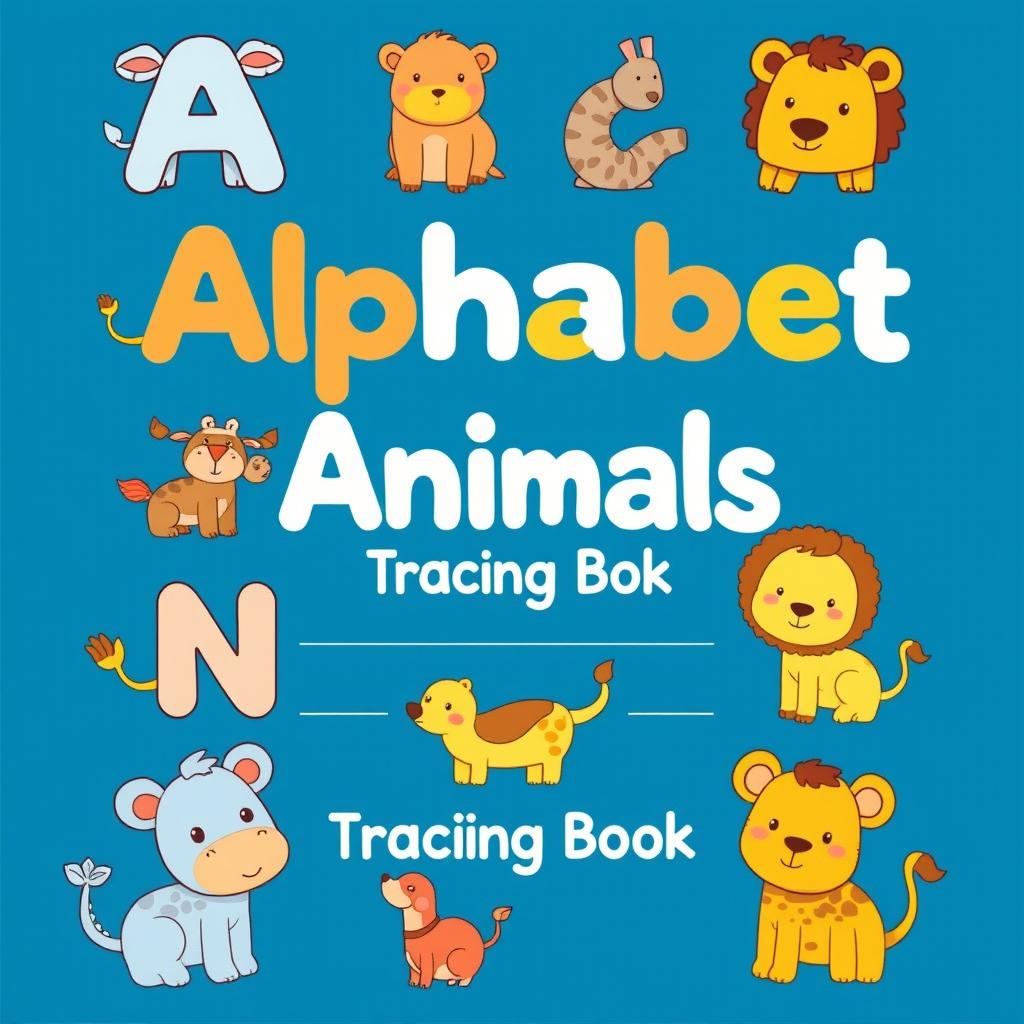 Create a children's coloring book cover with the theme 'Alphabet Animals - Tracing Book'