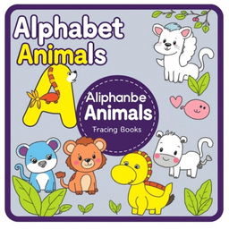 Create a children's coloring book cover with the theme 'Alphabet Animals - Tracing Book'