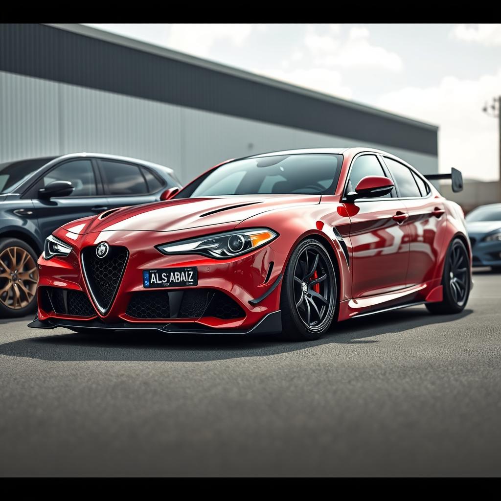 A detailed image of an Alfa Romeo car with a wide body kit parked next to a Subaru Impreza