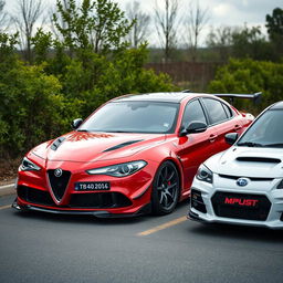 A detailed image of an Alfa Romeo car with a wide body kit parked next to a Subaru Impreza