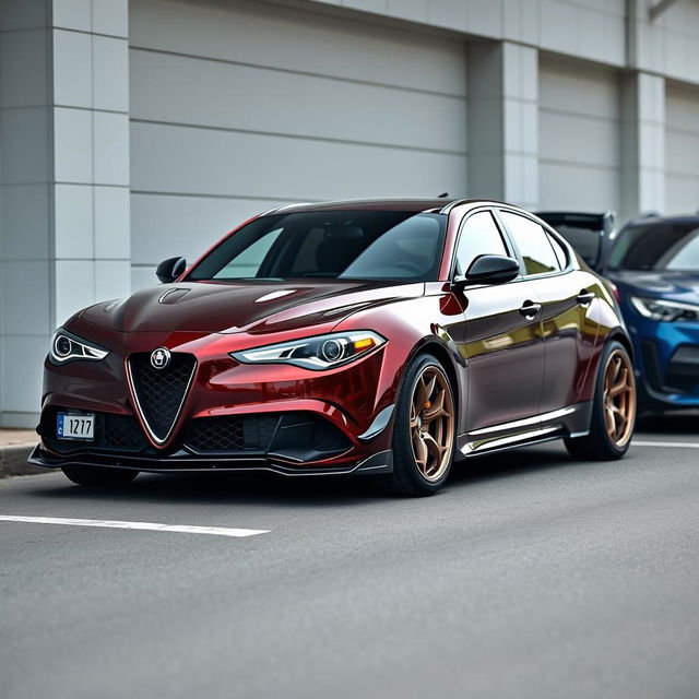 A detailed image of an Alfa Romeo car with a wide body kit parked next to a Subaru Impreza