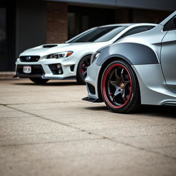 A detailed image of an Alfa Romeo car with a wide body kit parked next to a Subaru Impreza