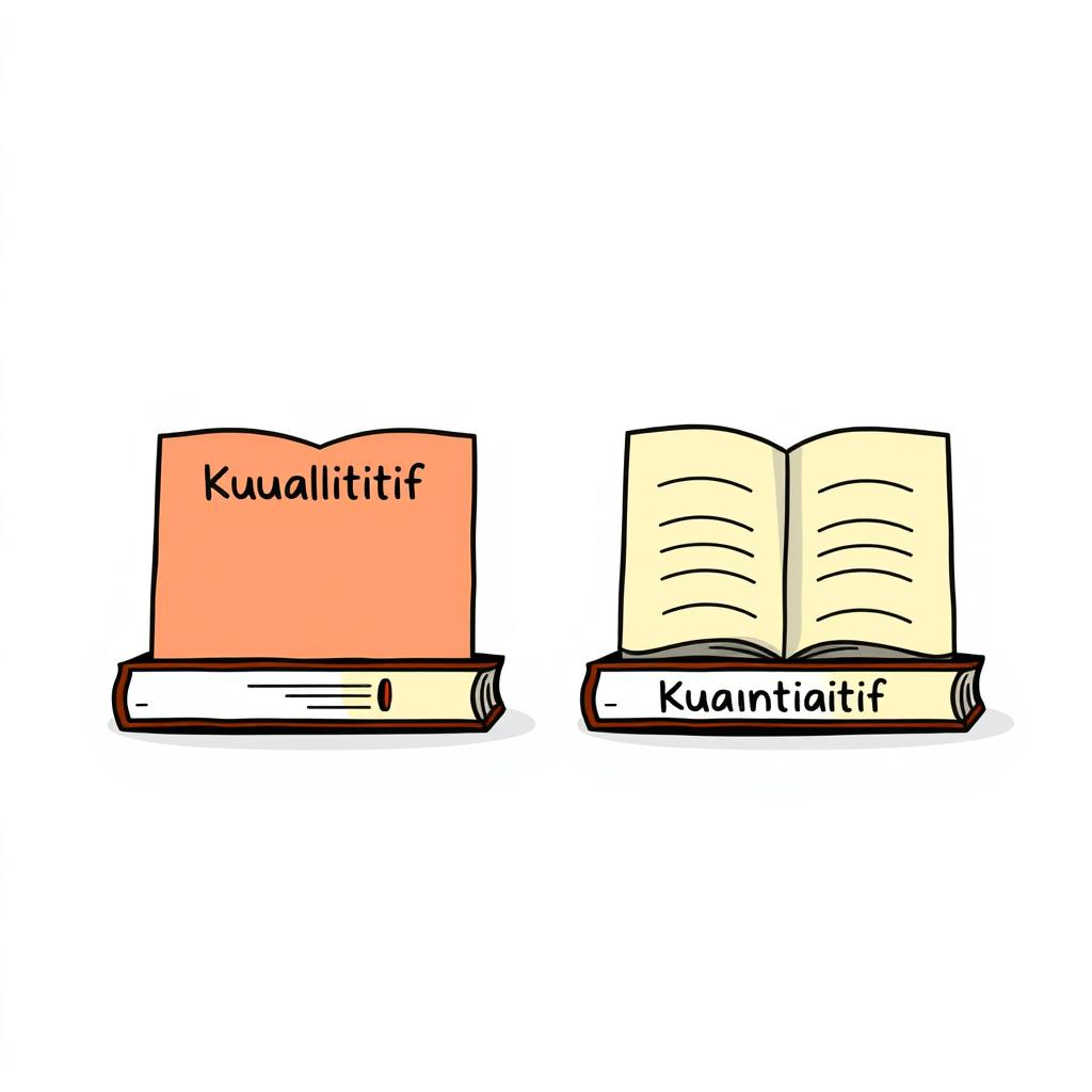 An illustration of two books, one labeled 'Kualitatif' and the other 'Kuantitatif,' each with a different colored background