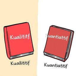 An illustration of two books, one labeled 'Kualitatif' and the other 'Kuantitatif,' each with a different colored background