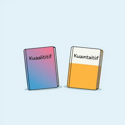 An illustration of two books, one labeled 'Kualitatif' and the other 'Kuantitatif,' each with a different colored background