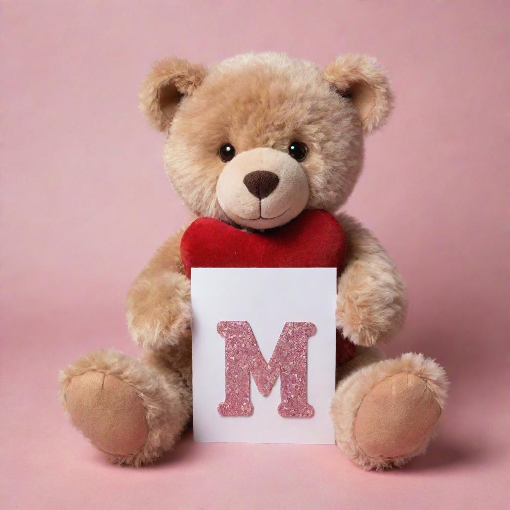 A charming Valentine's Day bear with soft fur and sparkling eyes, affectionately hugging a letter 'M' embellished with hearts.