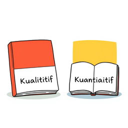 An illustration of two books, one labeled 'Kualitatif' and the other 'Kuantitatif,' each with a different colored background