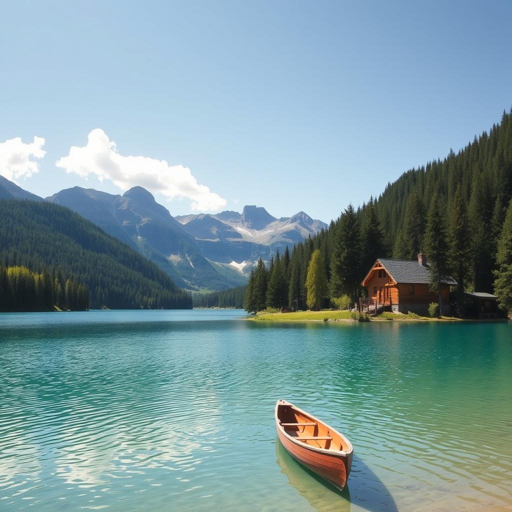 A serene landscape featuring a clear blue lake surrounded by lush green trees and mountains in the background