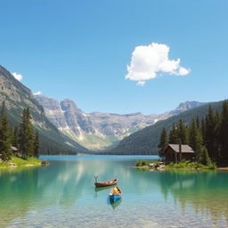 A serene landscape featuring a clear blue lake surrounded by lush green trees and mountains in the background