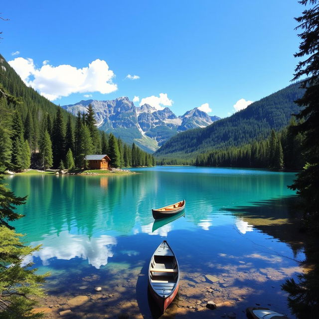 A serene landscape featuring a clear blue lake surrounded by lush green trees and mountains in the background