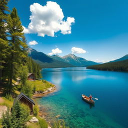 A serene landscape featuring a clear blue lake surrounded by lush green trees and mountains in the background