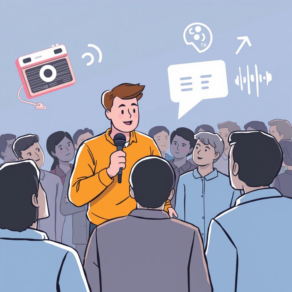 An illustration of a person speaking to a crowd of people, symbolizing an interview