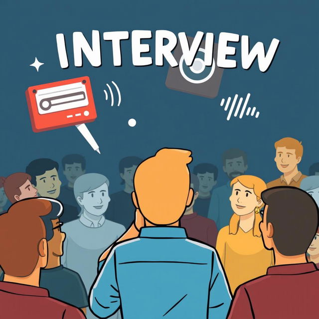 An illustration of a person speaking to a crowd of people, symbolizing an interview