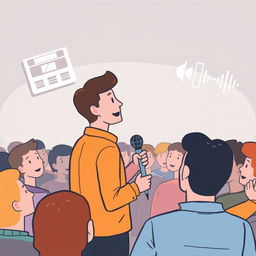 An illustration of a person speaking to a crowd of people, symbolizing an interview