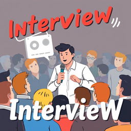 An illustration of a person speaking to a crowd of people, symbolizing an interview