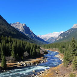 A beautiful landscape with mountains, a river flowing through a forest, and a clear blue sky