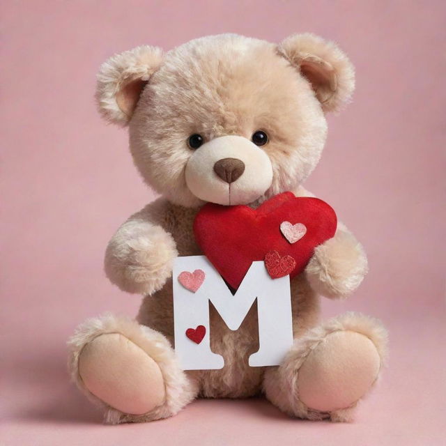 A charming Valentine's Day bear with soft fur and sparkling eyes, affectionately hugging a letter 'M' embellished with hearts.