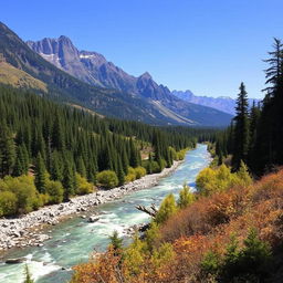 A beautiful landscape with mountains, a river flowing through a forest, and a clear blue sky