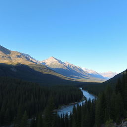 A beautiful landscape with mountains, a river flowing through a forest, and a clear blue sky