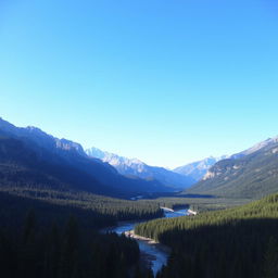 A beautiful landscape with mountains, a river flowing through a forest, and a clear blue sky