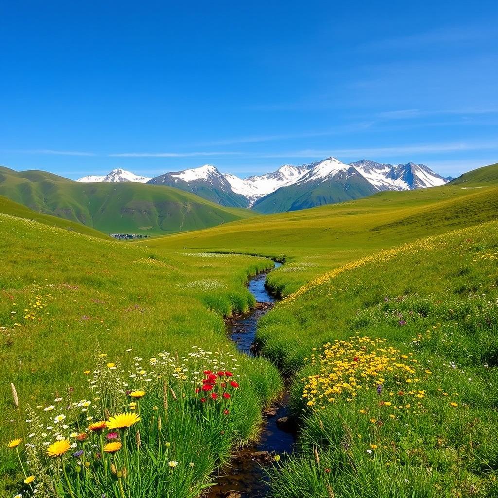 A serene landscape with rolling hills, a clear blue sky, and a small stream flowing through a meadow filled with colorful wildflowers