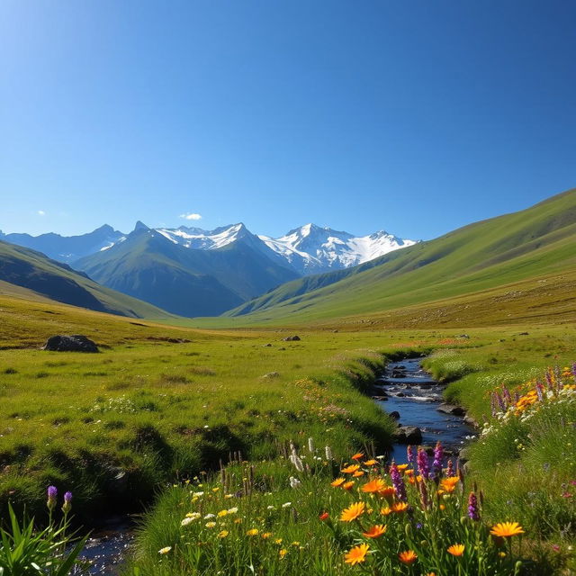 A serene landscape with rolling hills, a clear blue sky, and a small stream flowing through a meadow filled with colorful wildflowers