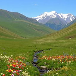 A serene landscape with rolling hills, a clear blue sky, and a small stream flowing through a meadow filled with colorful wildflowers