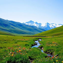 A serene landscape with rolling hills, a clear blue sky, and a small stream flowing through a meadow filled with colorful wildflowers