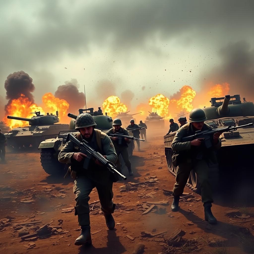 A dramatic scene depicting the Iranian war, with soldiers in combat, tanks, and explosions in the background