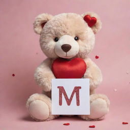 A charming Valentine's Day bear with soft fur and sparkling eyes, affectionately hugging a letter 'M' embellished with hearts.